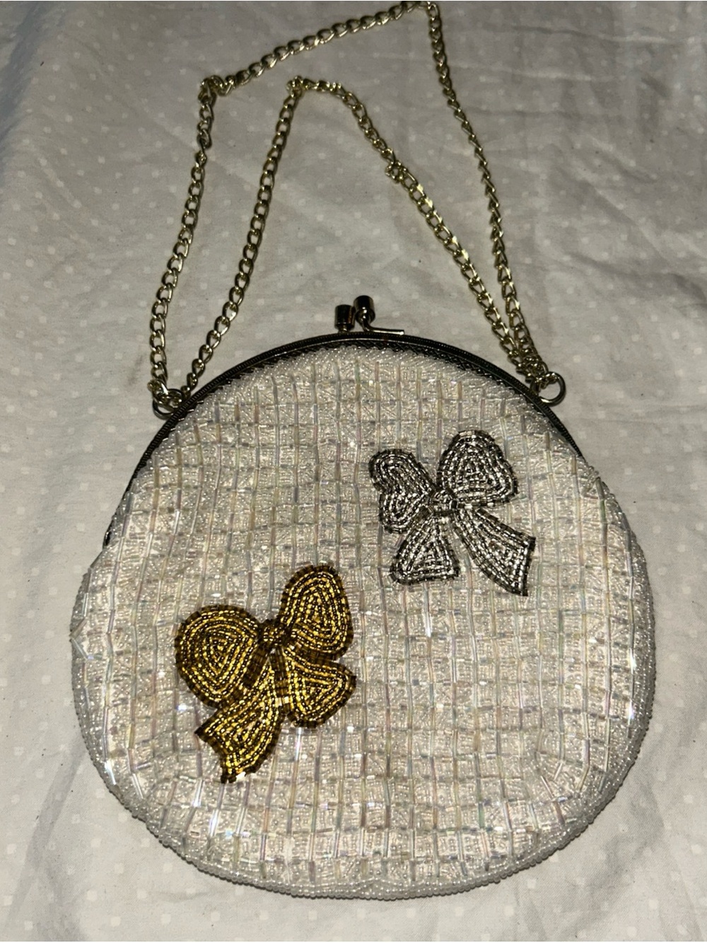 Vintage Beaded Clutch Gold Tone Chain Gold Silver  Bow Design
